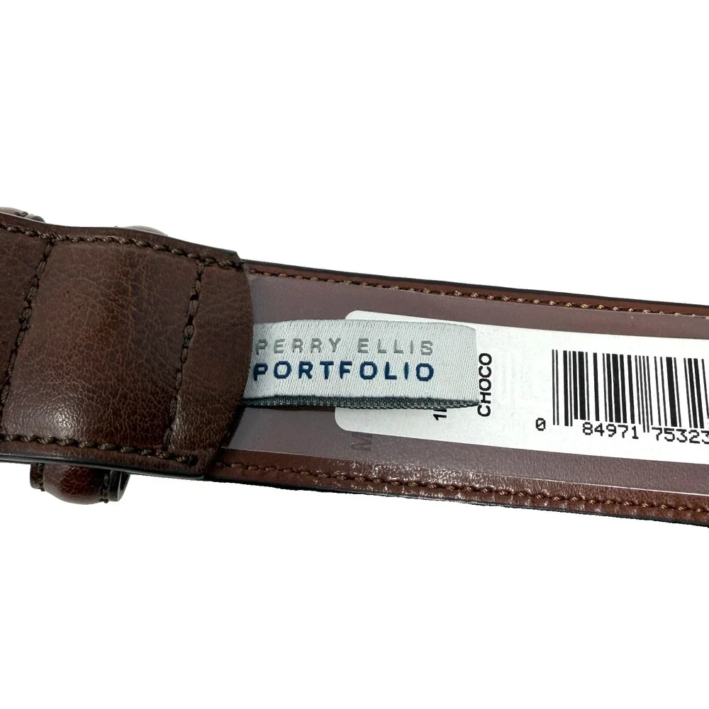 Perry Ellis Portfolio HC Milled Leather Belt Mens Size 48 Brown Big Tall NWT